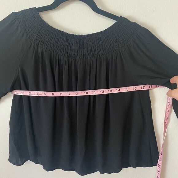 Aritzia Talula Marcilly Off Shoulder Ribbed Black Flowy Blouse Bell Sleeve SM - Picture 4 of 11